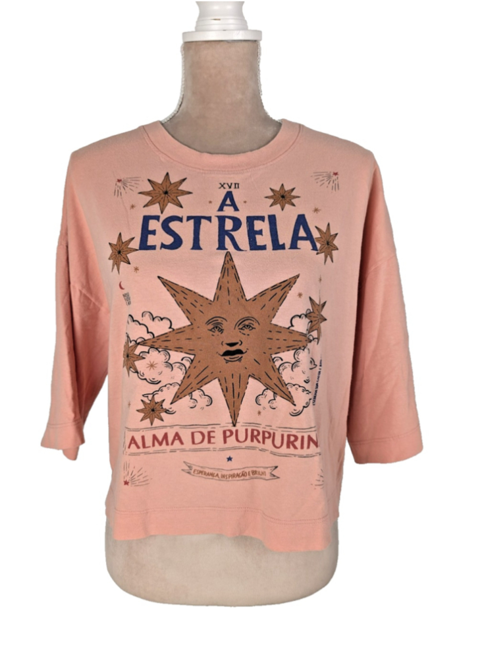 Farm Rio Cropped Shirt Graphic Tee Boxy Oversize Sz M Coral Pink Star Tropical
